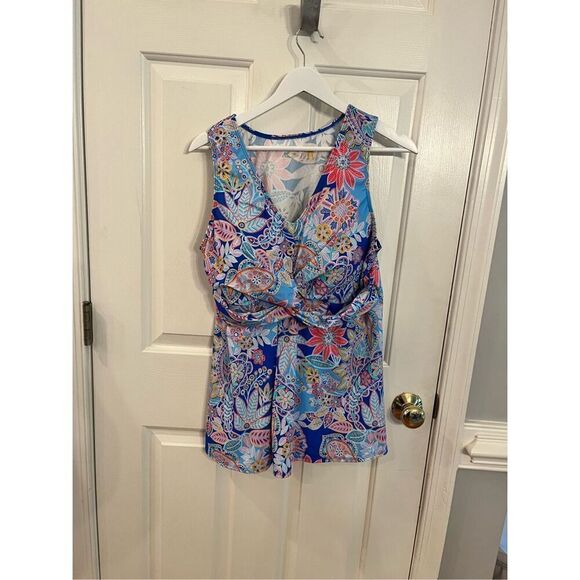 Ambernoon II Blue Retro Flower Print Twist Front UPF 50 Tankini Top sz 18W NWOT - Picture 1 of 5